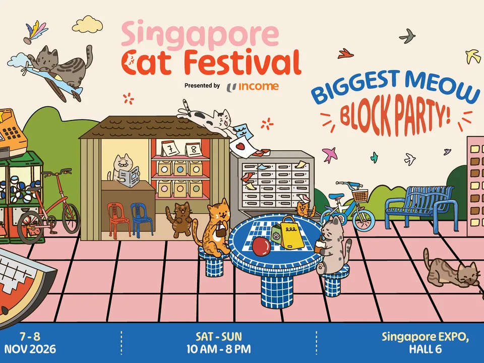 Singapore Cat Festival 2026 key visual: illustrated cats at an HDB void-deck block party under the line ‘Biggest Meow Block Party!’, with a provision shop, gumball machines, a watermelon playground and HDB flats