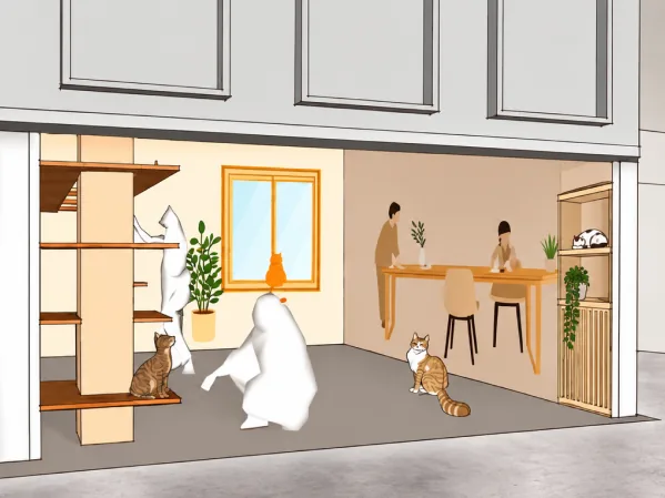 Sketch render of a shopfront booth with a cat-climbing shelf, cats and shoppers