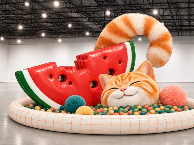 Render of a giant inflatable ginger cat curled around a watermelon slice in a ball pit