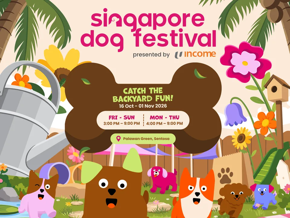 Singapore Dog Festival 2026 artwork: cartoon dogs running across an illustrated backyard under a bone-shaped sign reading ‘Catch the backyard fun! 16 Oct – 01 Nov 2026’