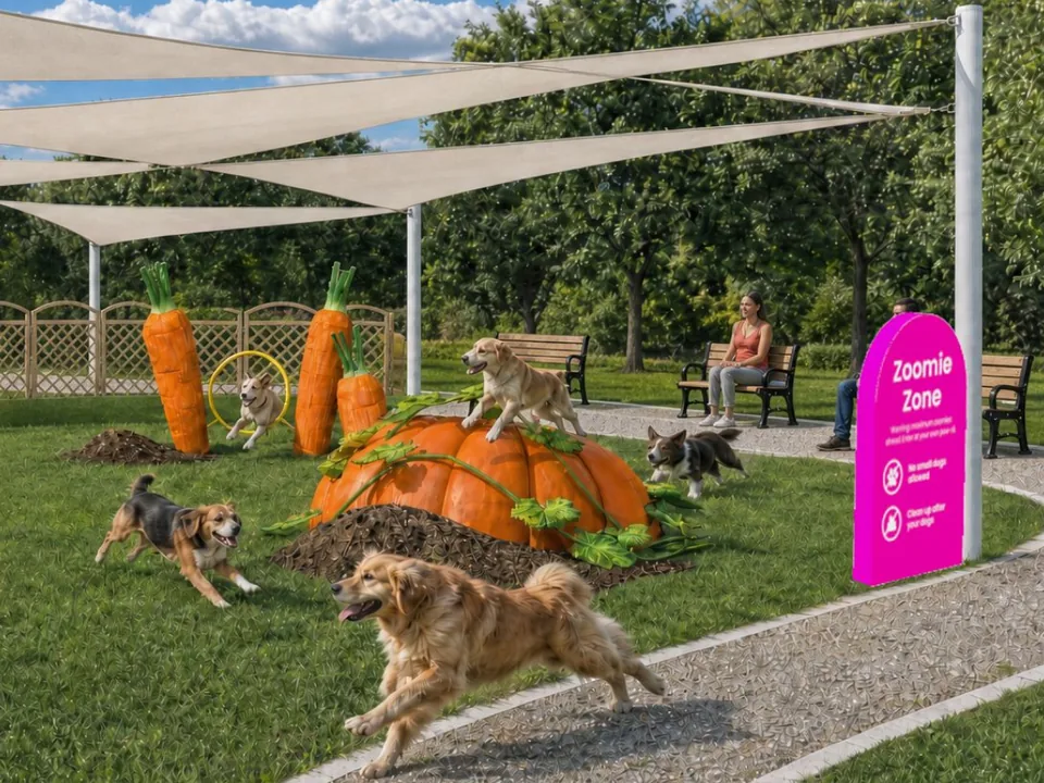 Dogs running on a lawn under white shade sails, with giant carrot and pumpkin props