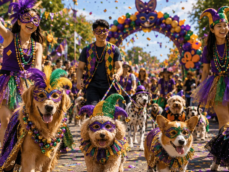Dogs in Mardi Gras masks and capes parading with costumed owners under a balloon arch