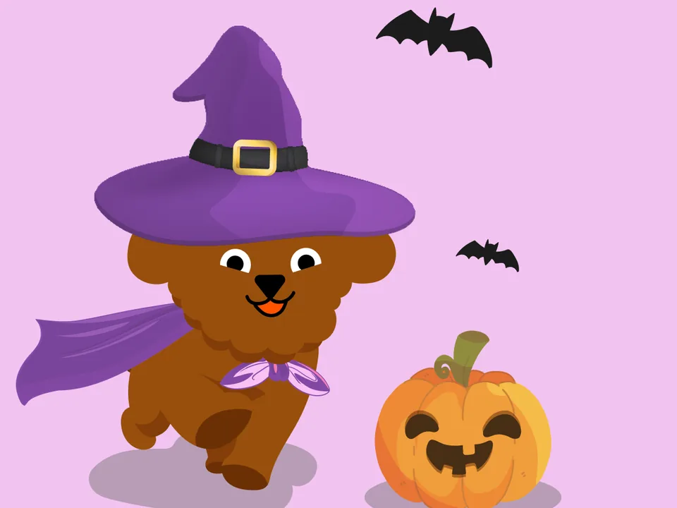 Illustration of a poodle in a witch hat and cape running beside a jack-o'-lantern and bats