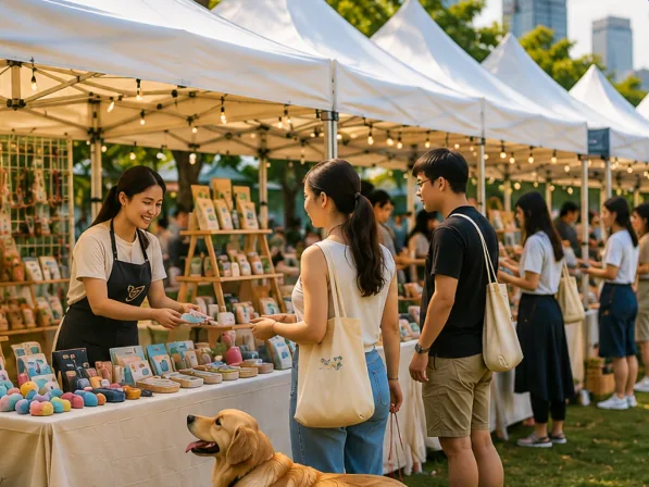 Shoppers and a golden retriever at outdoor stalls selling pet toys and accessories