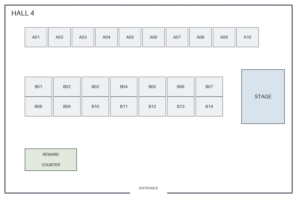 Floor plan of Hall 4: booth rows A and B, the stage on the right and the reward counter by the entrance.